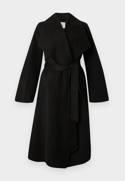 Black wool coat with a wide lapel, long sleeves, and a tie belt at the waist. Features a straight cut and soft texture.