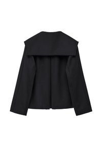 Black wool jacket with a wide collar, long sleeves, and a clean, structured design. Features a seam detailing at the back and no visible fastenings.