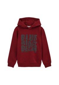 Felpa color bordeaux con un grande motivo in grigio scuro che recita "BLUE RIDGE DENIM." Realizzata in tessuto morbido, presenta una tasca a marsupio e polsini a costine.