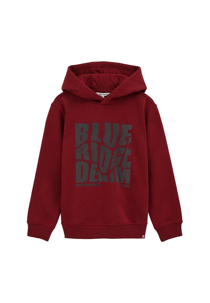 Felpa color bordeaux con un grande motivo in grigio scuro che recita "BLUE RIDGE DENIM." Realizzata in tessuto morbido, presenta una tasca a marsupio e polsini a costine.