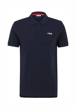 Polo navy in cotone, con colletto a tre bottoni, maniche corte e logo FILA bianco e rosso sul lato sinistro del petto.