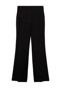 Pantalon noir habillé, coupe droite, pli marqué à l'avant, passants de ceinture et poches latérales, présenté à plat sur fond blanc.