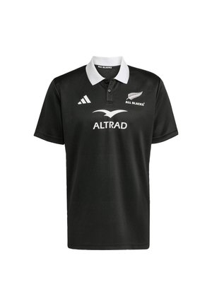 Sort polo-shirt med hvid krave, prydet med All Blacks-logoet og ALTRAD-branding. Fremstillet af tekstureret stof med korte ærmer.