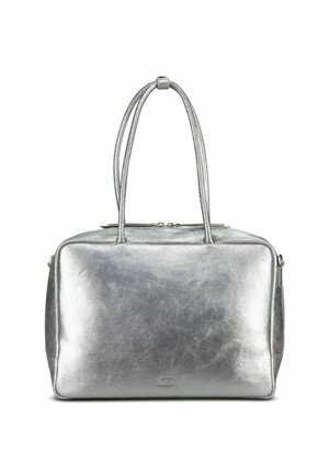 Silver rectangular handbag with dual shoulder straps and a top zipper closure, made of smooth metallic material.