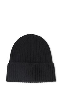 Berretto in maglia nera a coste con risvolto. Realizzato in materiale morbido e testurizzato, presenta strisce verticali su tutta la superficie per un tocco di dettaglio.