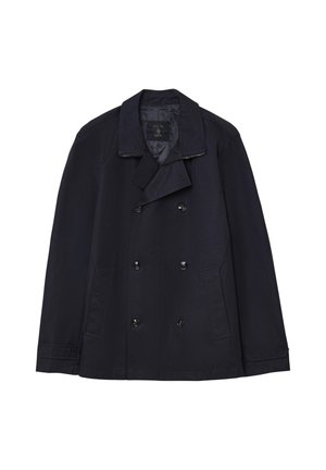 Marineblaue, doppelte Knopfleiste Jacke aus glattem Stoff, mit breitem Reverskragen, zwei Seitentaschen und glänzenden schwarzen Knöpfen.