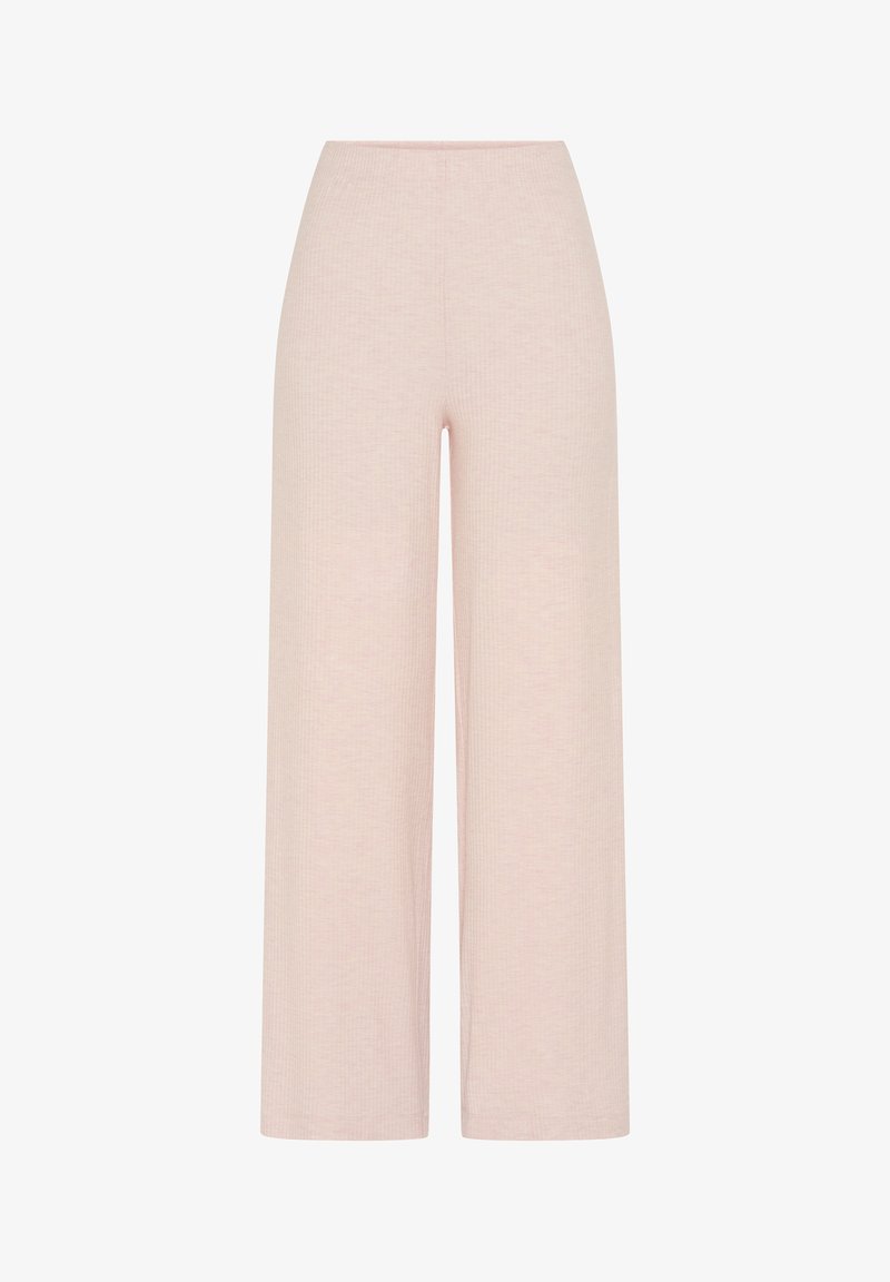 Svetloružové široké nohavice s rebrovanou štruktúrou, vysokým pásom a dĺžkou nad členky, zobrazené na bielom pozadí.