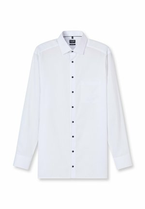 Weißes langärmliges Hemd aus glattem Stoff, mit klassischem Kragen, schwarzen Knöpfen und einer linken Brusttasche.