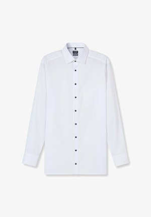 Weißes langärmliges Hemd aus glattem Stoff, mit klassischem Kragen, schwarzen Knöpfen und einer linken Brusttasche.