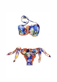 Set di bikini colorato con un motivo floreale nei toni del blu, arancione e verde; include un reggiseno senza spalline con lacci e slip laterali regolabili.