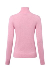 Rosa Rollkragenpullover aus weichem Strickstoff, mit langen Ärmeln und gerippten Akzenten am Kragen und an den Bündchen, glatte Textur.
