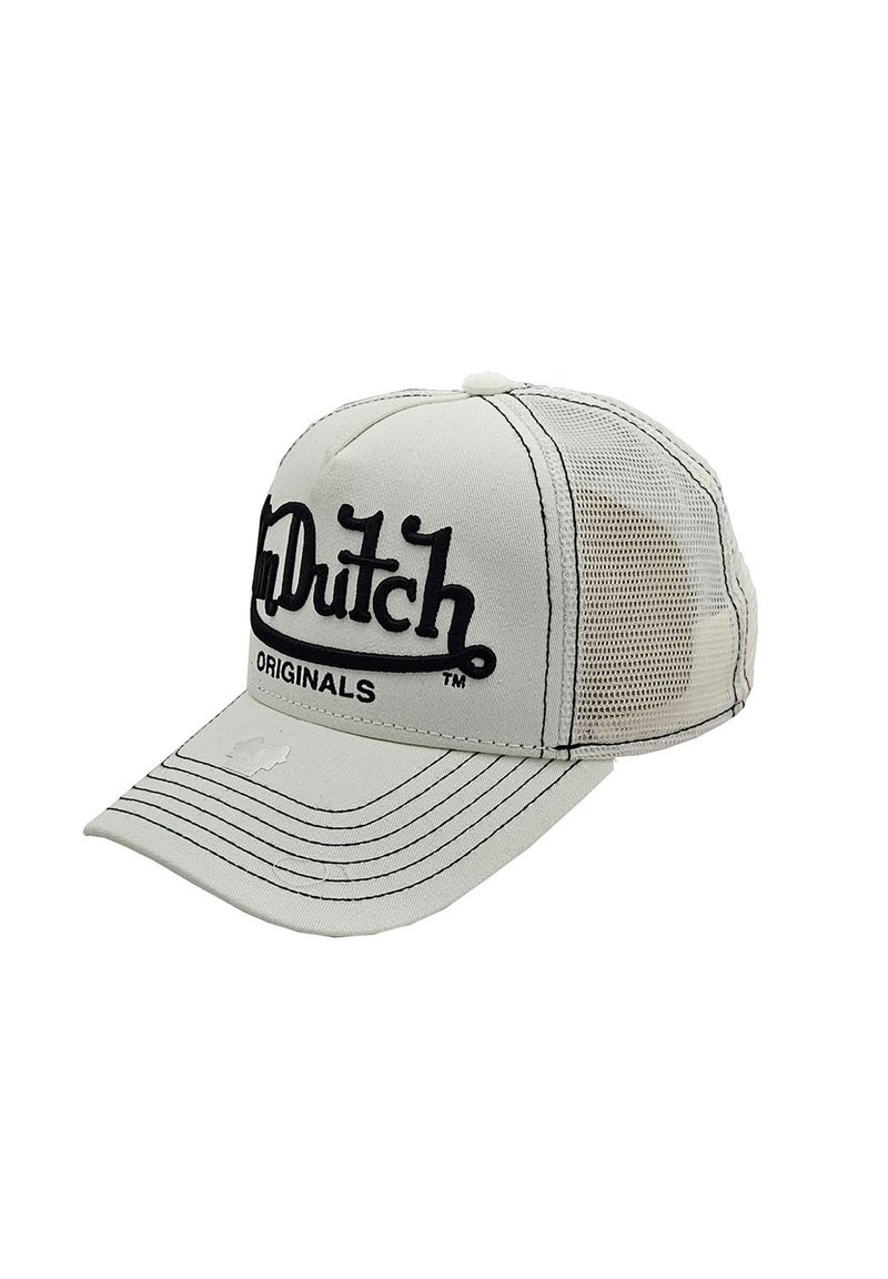 Basebollkeps med en beige tygfront och nät-sidor. Har svart text "Dutch" logotyp och "ORIGINALS" text. Böjd skärm, kontrasterande söm.