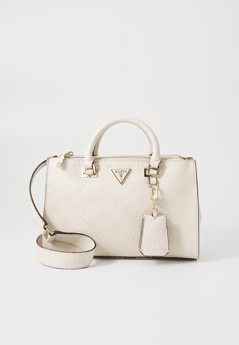 Cream faux leather handbag with embossed logo pattern, dual top handles, detachable shoulder strap, and gold-tone hardware accents.