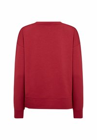 Sweatshirt lung cu mâneci lungi, de culoare roșie solidă, cu guler rotund și manșete cu nervuri, prezentat din spate pe un fundal alb.