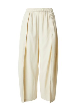Crèmekleurige wijde broek met elastische tailleband en plooien aan de voorkant, gemaakt van lichte stof.