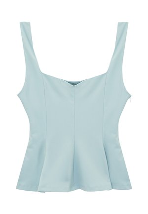 Haut ajusté sans manches bleu clair avec de larges bretelles et un léger évasement à l'ourlet, doté d'une fermeture éclair latérale.