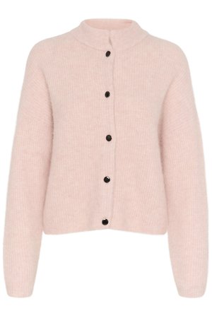 Light pink cropped cardigan made of soft, textured material with a round neck and black buttons down the front.