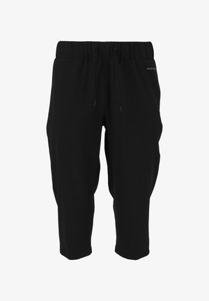Pantalon de sport noir avec une taille élastique et un cordon de serrage. Présente une coupe décontractée et une texture lisse. Pas de motifs ni d'accents visibles.