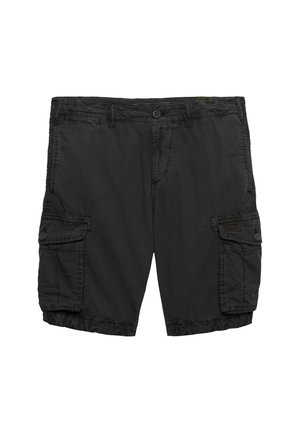 Zwarte cargoshorts met knoop- en ritssluiting, riemlussen en twee grote klepzakken aan de zijkanten.
