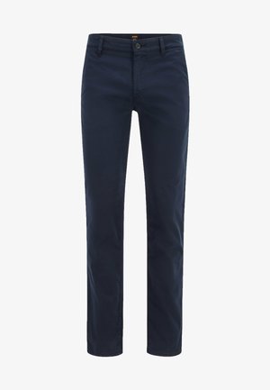 Granatowe bawełniane spodnie o prostym kroju, z zapięciem na guzik i szlufkami na pasek. Gładka tekstura z eleganckim wykończeniem.