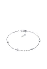 Bracciale in argento con perline metalliche rotonde, chiusura regolabile e link delicati. Texture liscia con una finitura lucida.
