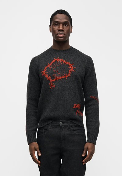 Grå strikket trøje med røde broderede tekster og motiver, herunder "ROCKS 'N' ROLL" og "EARTH 799", med ribstrikkede manchetter og halsudskæring.