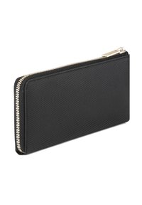 Portafoglio zip nero con esterno testurizzato, cerniera dorata, forma rettangolare sottile e senza motivi o accenti visibili.