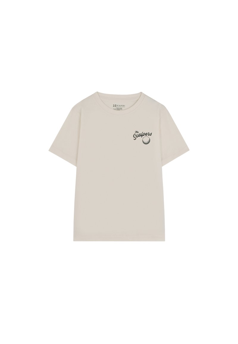 Tricou din bumbac bej cu mânecă scurtă, cu guler rotund și un mic logo imprimat negru pe partea stângă a pieptului. Textură netedă și croială lejeră.
