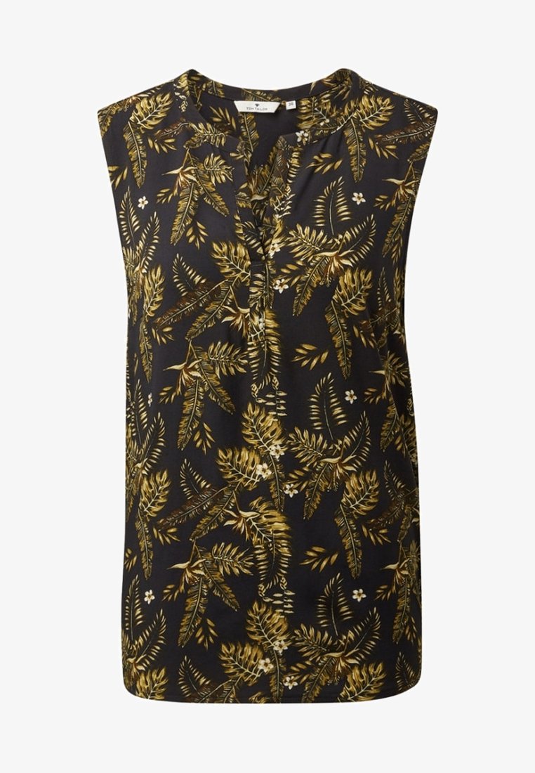 Blouse noire sans manches avec imprimé de feuilles tropicales jaunes et brunes et petites fleurs blanches, col rond, patte de boutonnage à l'avant.