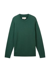 Zielony sweter robiony na drutach z długimi rękawami, okrągłym dekoltem i prążkowaną teksturą. Prosta forma i minimalisticzny design, bez widocznych elementów metalowych czy wzorów.