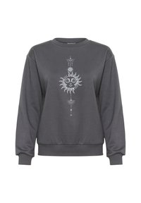 Sweat-shirt gris foncé avec un design graphique central blanc représentant le soleil, orné de divers éléments décoratifs au-dessus et en dessous. Poignets et ourlet côtelés.