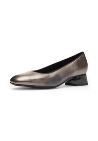 Metallic grey patent leather pump with a rounded toe and a low, block heel. Smooth texture with a sleek design and black interior.