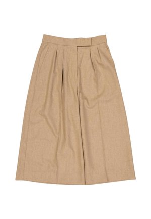 Beige knælængde plisseret nederdel med taljebånd og sidelukning med lynlås, vist fladt på en hvid baggrund.