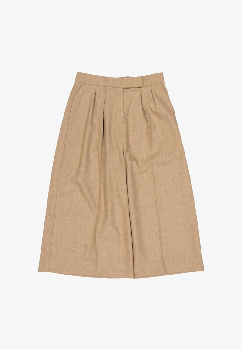 Jupe plissée beige longueur genoux avec ceinture et fermeture éclair latérale, présentée à plat sur fond blanc.
