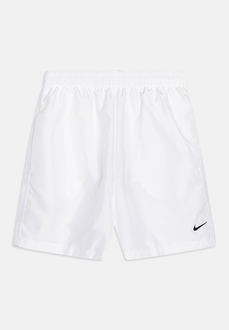 Weiße Sportshorts aus leichtem Material, mit einem elastischen Bund und einem kleinen schwarzen Nike-Logo auf der unteren linken Seite.