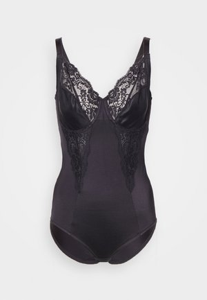 Schwarzer Body mit einer Spitzenüberlagerung am Dekolleté, verstellbaren Trägern und einem glatten satinähnlichen Finish. Designed mit einer figurbetonten Silhouette.