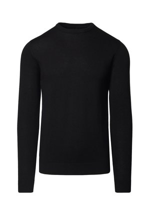 Czarny sweter z długim rękawem i okrągłym dekoltem, wykonany z delikatnej dzianiny z prążkowanymi ściągaczami na mankietach i u dołu.