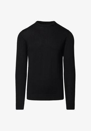 Czarny sweter z długim rękawem i okrągłym dekoltem, wykonany z delikatnej dzianiny z prążkowanymi ściągaczami na mankietach i u dołu.