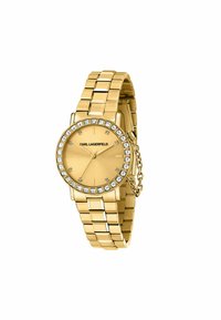 Orologio in metallo dorato con quadrante rotondo, dettagli in diamante sulla lunetta e design a bracciale a catena. Presenta un quadrante minimalista e il logo.