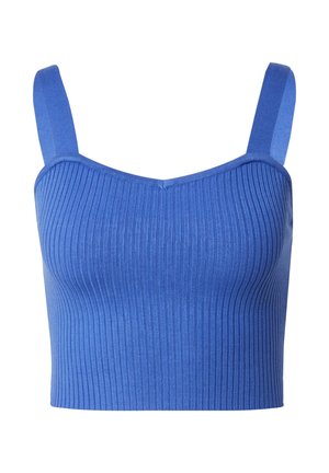 Blaues geripptes Crop-Top mit breiten Trägern, das ein tailliertes Design und einen strukturierten Stoff aufweist. Der Halsausschnitt ist leicht rund geschnitten.