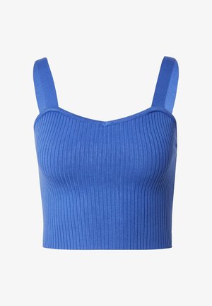 Blauwe geribbelde crop top met brede banden, met een aansluitend ontwerp en een gestructureerde stof. De halslijn is iets rond.