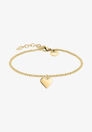 Guldplateret armbånd med perledesign, der har et poleret hjertecharme og en lås med en justerbar kæde. Glat tekstur.