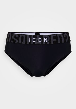 Čierne bikini slipy s hladkou textúrou. Majú čierny elastický pás s nápisom "ICON" a "D.SQUARED" v kontrastnej šedej farbe.