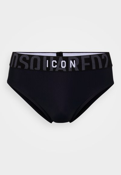 Schwarze Bikini-Hose mit glatter Textur. Verfügt über einen schwarzen elastischen Bund mit dem Text "ICON" und "D.SQUARED" in kontrastierendem Grau.