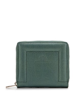 Green leather wallet with a textured finish, zip closure, and a subtle embossed logo on the front. Rectangular shape with stitched edges.