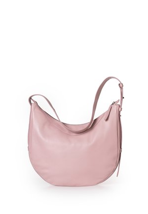 Borsa a spalla in morbida pelle rosa con design curvo, profilo a tracolla singola e zip laterale. Texture liscia senza dettagli hardware visibili.