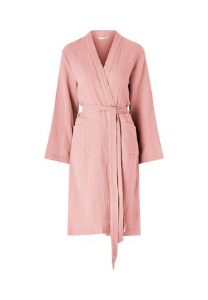 Miękki, różowy, teksturowany bawełniany szlafrok z długimi rękawami, dwoma przednimi kieszeniami i paskiem do wiązania w talii.
