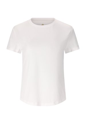 T-shirt blanc uni à manches courtes et col rond avec un ourlet arrondi, présenté sur fond blanc.