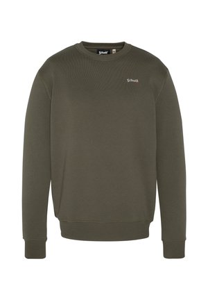 Olivengrøn sweatshirt lavet af tekstureret bomuld, med rund hals, ribbede manchetter og et lille logo på brystet.