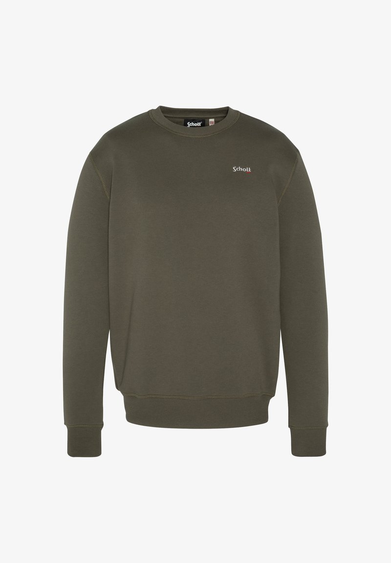 Sudadera verde oliva hecha de algodón texturizado, con cuello redondo, puños acanalados y un pequeño logo en el pecho.